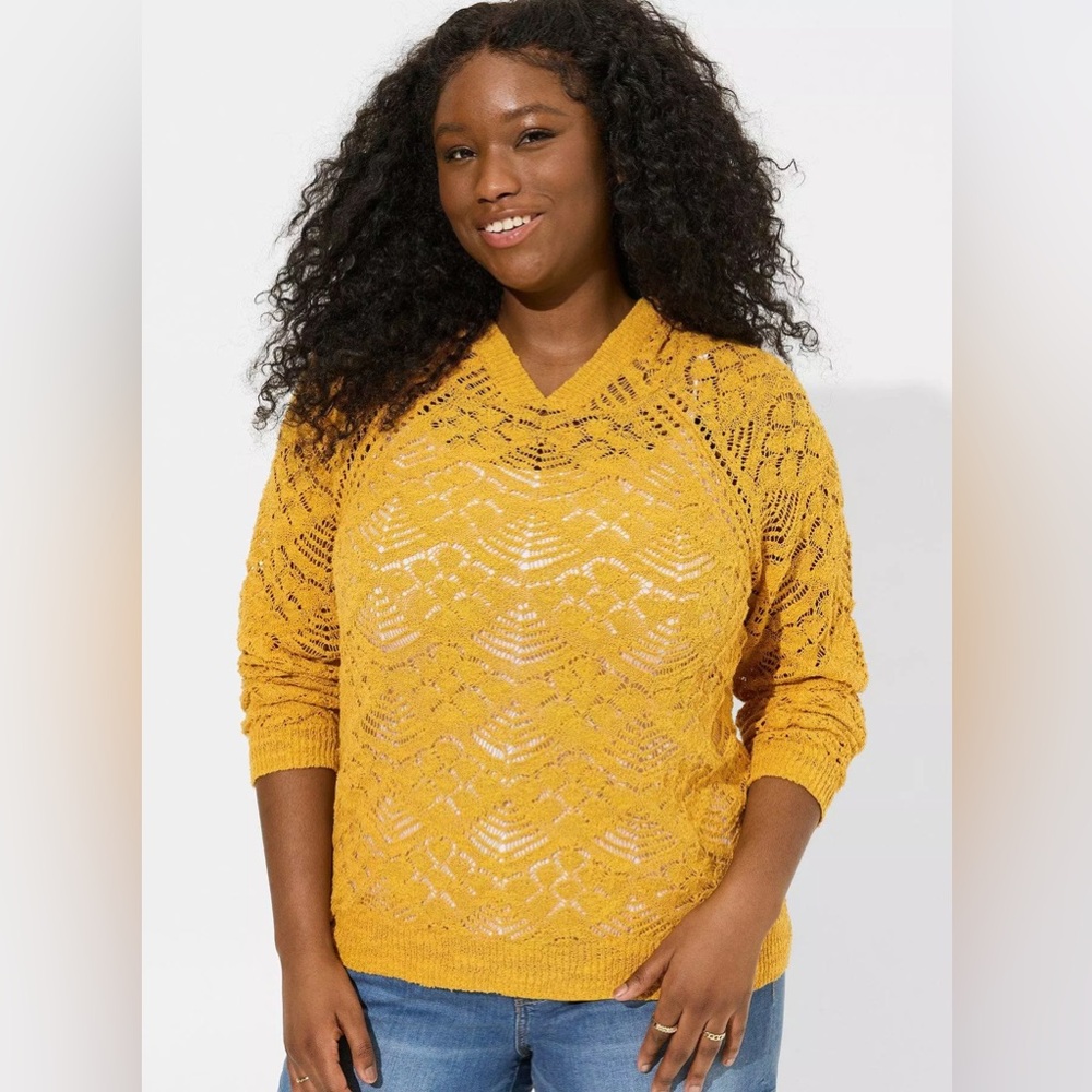 Torrid Mustard V-Neck Lace Sweater